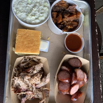 Black Hog BBQ - Platter: smoked pork shoulder, sausages, sweet potatoes, Cole slaw - Barbeque Near Me - Ijamsville, Maryland