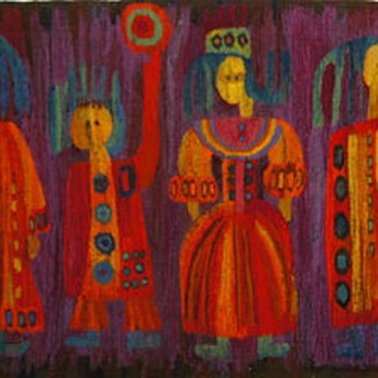 Hunter Gatherer - Vintage Mid Century Modern Polish Wool Tapestry - Home Decor Near Me - Los Angeles, California Hunter Gatherer - Vintage Mid Century Modern Polish Wool Tapestry - Home Decor Near Me - Los Angeles, California