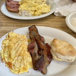 Scrambled Sam's - Biscuits and gravy w/ Ham & eggs.  And scrambled eggs, bacon & biscuit.