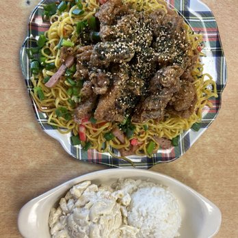 Pokai Bay Restaurant - Hurricane Chicken with Fried Noodles, side of rice and Mac salad - Shaved Ice Near Me - Waianae, Hawaii Pokai Bay Restaurant - Hurricane Chicken with Fried Noodles, side of rice and Mac salad - Shaved Ice Near Me - Waianae, Hawaii