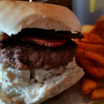 Bourbon & Burger - Picnic Brisket Burger which has toasted bun, potato salad on bottom then burger topped with bbq brisket. Soooo good! - Burgers Near Me - Batavia, New York