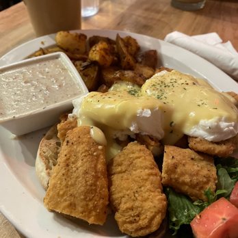 Foolish Craig's Cafe - Fried Chicken Benedict with a side of gravy - Creperies Near Me - Boulder, Colorado