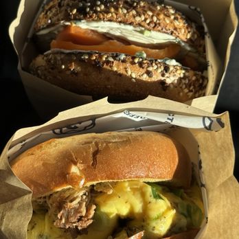 Camellia Coffee Roasters - The hooked up bagel (top) & chili verde breakfast sandwich (bottom) :) - Coffee & Tea Near Me - Sacramento, California