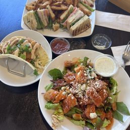 Half portion buffalo chicken salad, crispy fish taco with homemade salsa and club sandwich with fries Half portion buffalo chicken salad, crispy fish taco with homemade salsa and club sandwich with fries