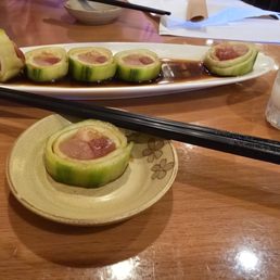 Naruto roll: cucumber with, salmon,yellowtail and tuna. Spicy yellotail and spicy Mexican sushi rolls Hamachi