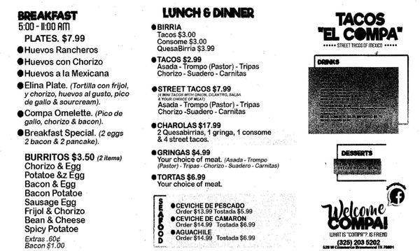 Menu photo 3 Tacos “El Compa” Brownwood, TX