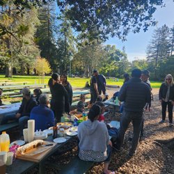 Birthday party by picnic tables