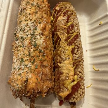 Two hands Corn Dogs- Irvington - Elote on the left very flavorful! Right is the crispy rice coated corndog, great crunch! - New American Near Me - Tucson, Arizona