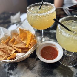 Jumbo 27 oz gold margarita and top shelf margarita and complementary chips and salsa!