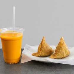 Mango Lassi and Vege Samosa