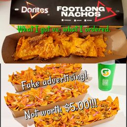 Top photo: one tiny bag of chips and a measly amount of cheese. No meat, he said it was extra! Plus he said olives would be extra. Top photo: one tiny bag of chips and a measly amount of cheese. No meat, he said it was extra! Plus he said olives would be extra.