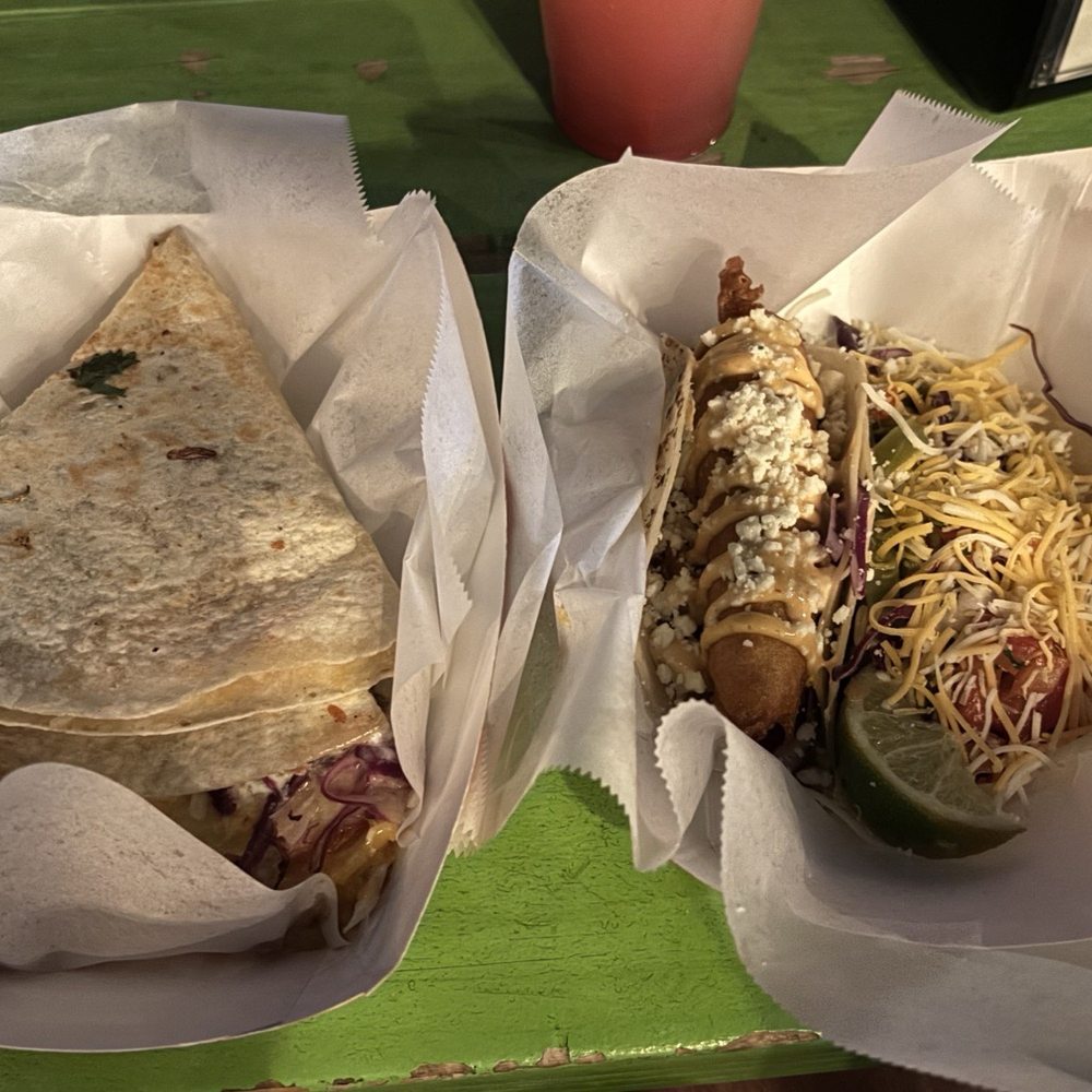 Loaded Pork Quesadilla, Fried Fish Taco, and Cactus Taco Loaded Pork Quesadilla, Fried Fish Taco, and Cactus Taco