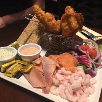 Anglesey Arms - Fishmonger's board to share - smoke trout, smoked salmon, peeled Atlantic prawns and beer battered fish goujons - massive! - Hotels Near Me - Menai Bridge, AGY