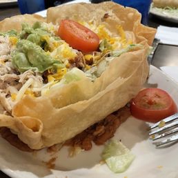 Delicious tostada with chicken and ground beef.