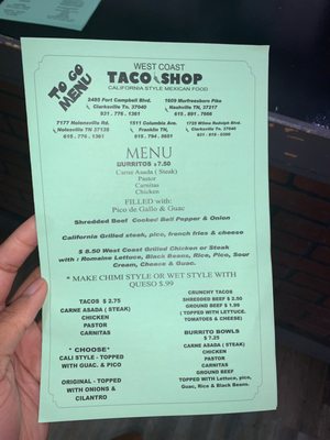 Menu photo 7 West Coast Taco Shop Nashville, TN Menu photo 7 West Coast Taco Shop Nashville, TN