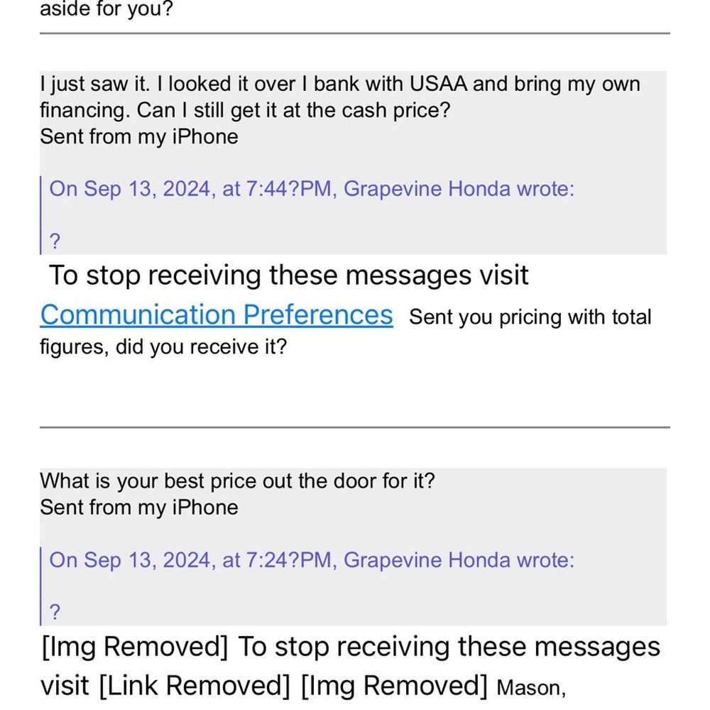Grapevine Honda - Messages between me and sells representative - Car Dealers Near Me - Grapevine, Texas Grapevine Honda - Messages between me and sells representative - Car Dealers Near Me - Grapevine, Texas