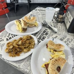 the basic egg sandwich (one with turkey bacon, other with sausage)