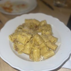 Rizzos House of Parm - Rigatoni Carbonara with egg yolk, pancetta, Parm was good.