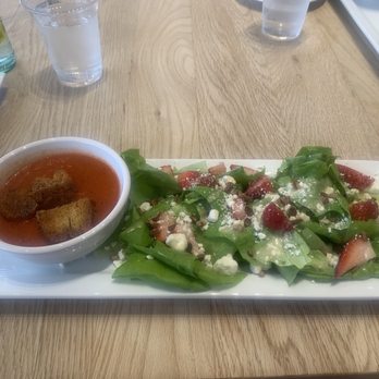 Faye - Beautiful presentation of red pepper soup and strawberry salad! - Coffee & Tea Near Me - Murphysboro, Illinois