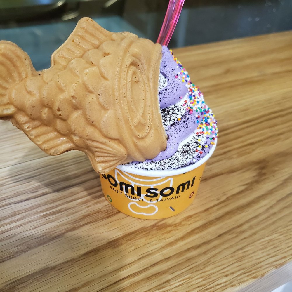 Somisomi - Milk and ube swirl ice cream with taro taiyaki - Desserts Near Me - Frisco, Texas Somisomi - Milk and ube swirl ice cream with taro taiyaki - Desserts Near Me - Frisco, Texas