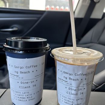 Qargo Coffee - Vanilla Almond Milk Latte Hot (Left) Vanilla Oat Milk Latte Iced (Right) - Coffee & Tea Near Me - Long Beach, California