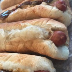 Sal's Dog House - Sauerkraut and mustard, sweet onions, and spicy onions.