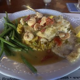 Triple tail with shrimp, rice & greens.