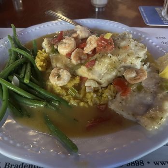 Cortez Clam Factory - Triple tail with shrimp, rice & greens. - Bars Near Me - Bradenton, Florida