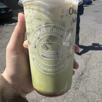 The Sweet Boutique - Cheesecake cold foam strawberry compote iced matcha latte - Bakeries Near Me - East Longmeadow, Massachusetts