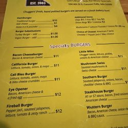 Chuggers Bar and Grill - Menu page 1