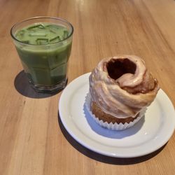Apple Cinnamon Cruffin, Iced Matcha Latte