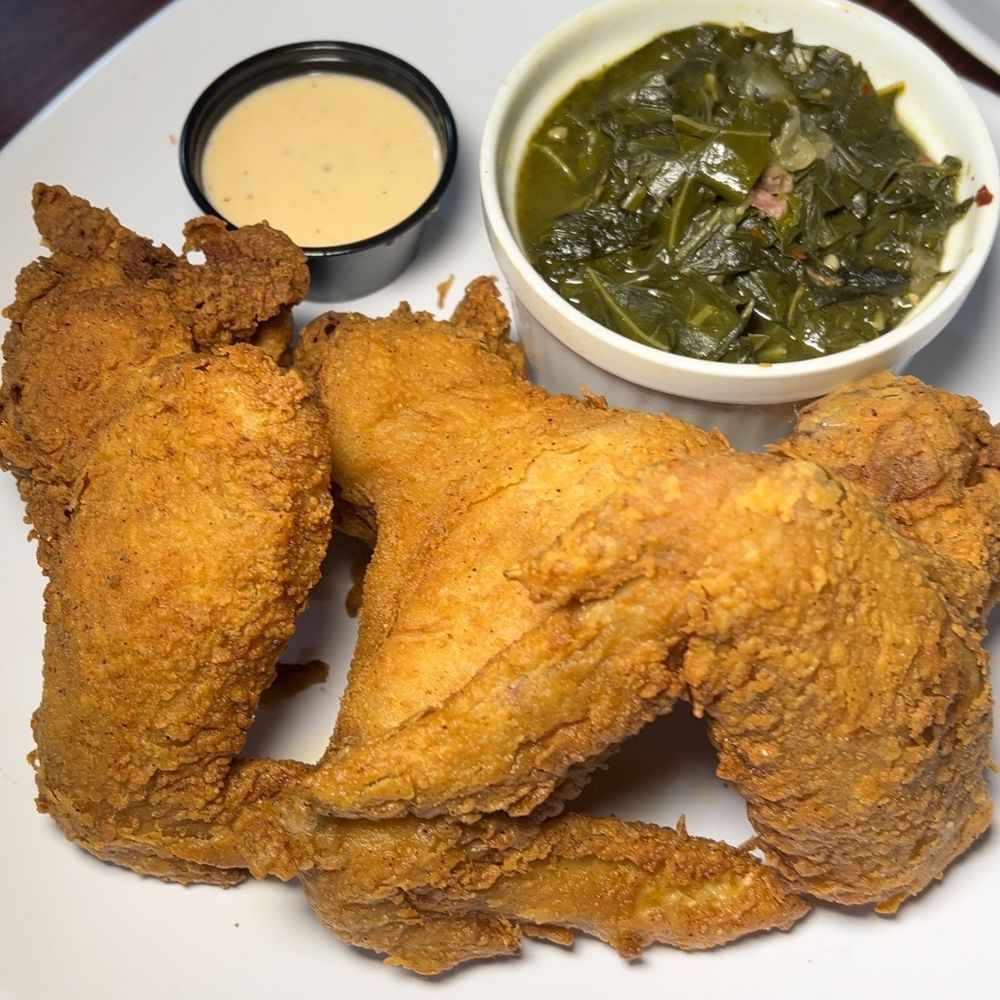Southern Gourmet Kitchen - Bama Wings (3 whole jumbo wings) W/ Smoked Turkey Collard Greens - Southern Near Me - Plano, Texas Southern Gourmet Kitchen - Bama Wings (3 whole jumbo wings) W/ Smoked Turkey Collard Greens - Southern Near Me - Plano, Texas