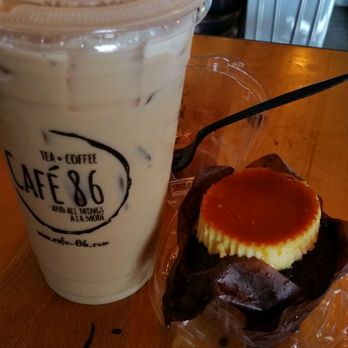 Cafe 86 - Black sea salt milk tea and ube leche flan cupcake. - Desserts Near Me - Artesia, California