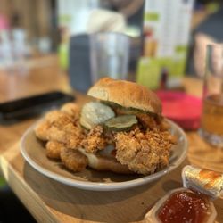 Chicken N Pickle - Spicy crispy chicken sandwich w/ tots for $14. Husband loved it and the massive portion