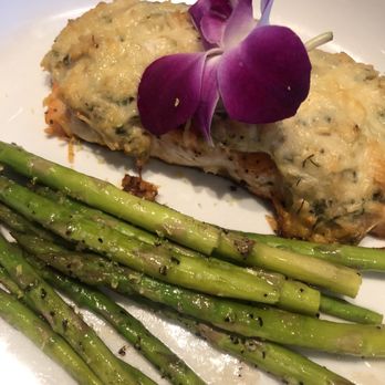 Roots Seasonal Cuisine - CRAB STUFFED SALMON with asparagus - New American Near Me - Lee's Summit, Missouri