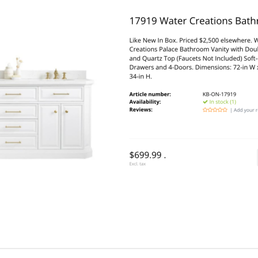 This quartz top vanity was listed for $700 at Bud's ($2,500 at Lowes). PLUS members get an additional 20% off the listed price! - A white bathroom vanity with a quartz top and gold hardware is shown in the image. It has two sinks, six drawers, and four doors, with dimensions of 72 inches wide, 22 inches deep, and 34 inches high. The product is listed for $699.99 and is available in stock, with a brief description emphasizing its features and dimensions.