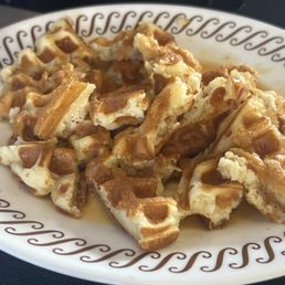 Cut up freshly cooked waffles Cut up freshly cooked waffles
