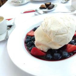 Bistro Km 0 - Incredible dessert! Berries, merengue, and vanilla ice cream with small decaf coffee