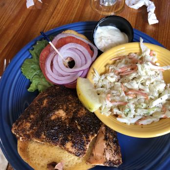 Capt Hirams Resort - Blackened Salmon sandwich with coleslaw - Bars Near Me - Sebastian, Florida Capt Hirams Resort - Blackened Salmon sandwich with coleslaw - Bars Near Me - Sebastian, Florida