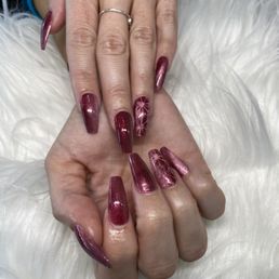 Medium coffin gelX nails with pink eye, polish and line and flower detail Medium coffin gelX nails with pink eye, polish and line and flower detail