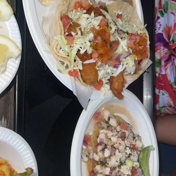 Ensenada Surf N Turf Grill - Combo #3 1 shrimp & 1 fish taco with rice, beans & soda & a Shrimp ceviche tostada. - Seafood Near Me - Gardena, California Ensenada Surf N Turf Grill - Combo #3 1 shrimp & 1 fish taco with rice, beans & soda & a Shrimp ceviche tostada. - Seafood Near Me - Gardena, California