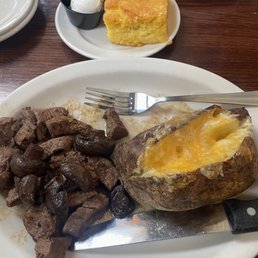 steak, potatoes, and a baked potato
