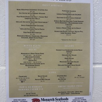Monarch Seafoods - Menu as of 09/26/2020 - Seafood Near Me - Honolulu, Hawaii