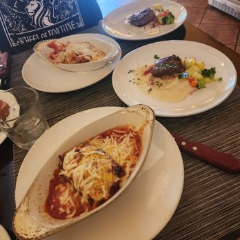 Vino e Cucina - Main course! Lasagna and beef with mashed potatoes. - Italian Near Me - Long Beach, California Vino e Cucina - Main course! Lasagna and beef with mashed potatoes. - Italian Near Me - Long Beach, California
