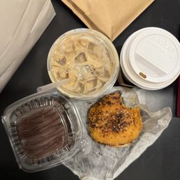 Chocolate brownie, everything cheese bagel, iced vanilla latte, hot pumpkin latte Chocolate brownie, everything cheese bagel, iced vanilla latte, hot pumpkin latte