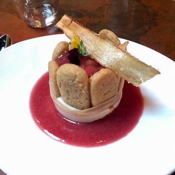 Millennium - Bright rhubarb desert with the tastiest, most delicate lady fingers I've ever had. - Vegan Near Me - Oakland, California Millennium - Bright rhubarb desert with the tastiest, most delicate lady fingers I've ever had. - Vegan Near Me - Oakland, California