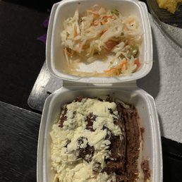Coleslaw and Refried beans with cheese. Coleslaw and Refried beans with cheese.