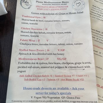 Plates Mediterranean Bistro - Menu - aug 2026 - Mediterranean Near Me - Williamstown, Massachusetts