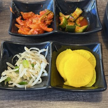 Matzip - Banchan: Kimchi, spicy cucumber salad, seasoned bean sprouts, yellow pickled radish Not pictured: White radish - Korean Near Me - Union City, California Matzip - Banchan: Kimchi, spicy cucumber salad, seasoned bean sprouts, yellow pickled radish Not pictured: White radish - Korean Near Me - Union City, California
