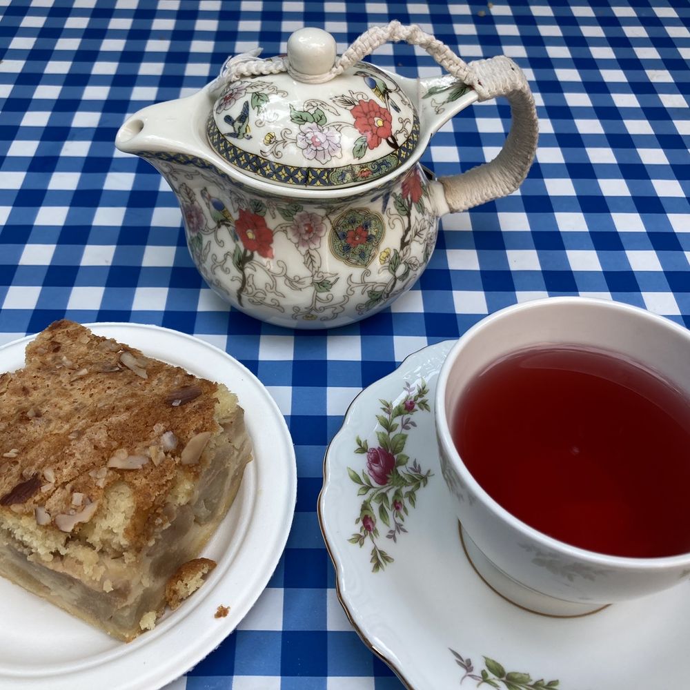 Raspberry tea & German apple cake -- delicious!
